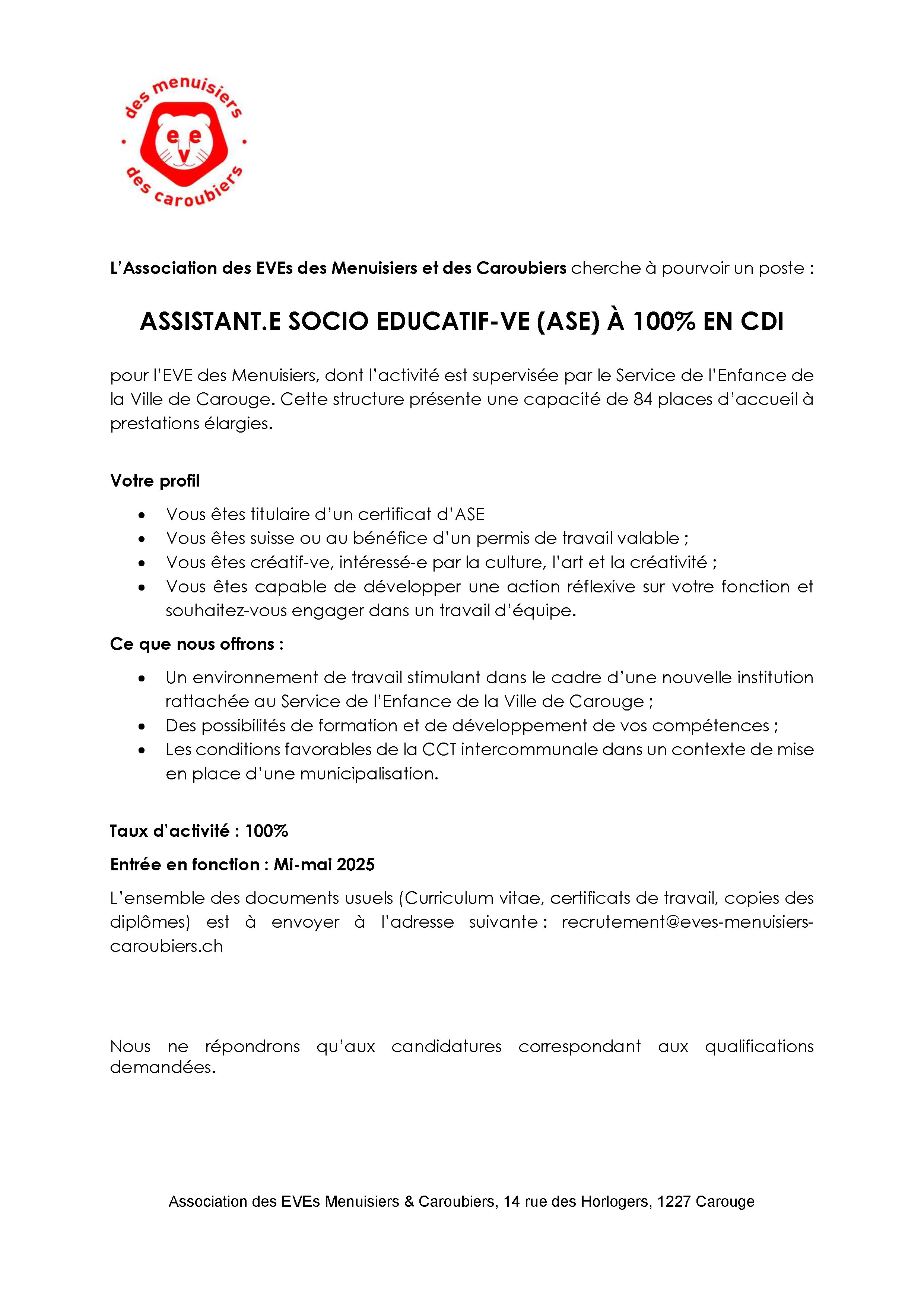 ASSISTANT.E SOCIO EDUCATIF-VE (ASE) À 100% EN CDI