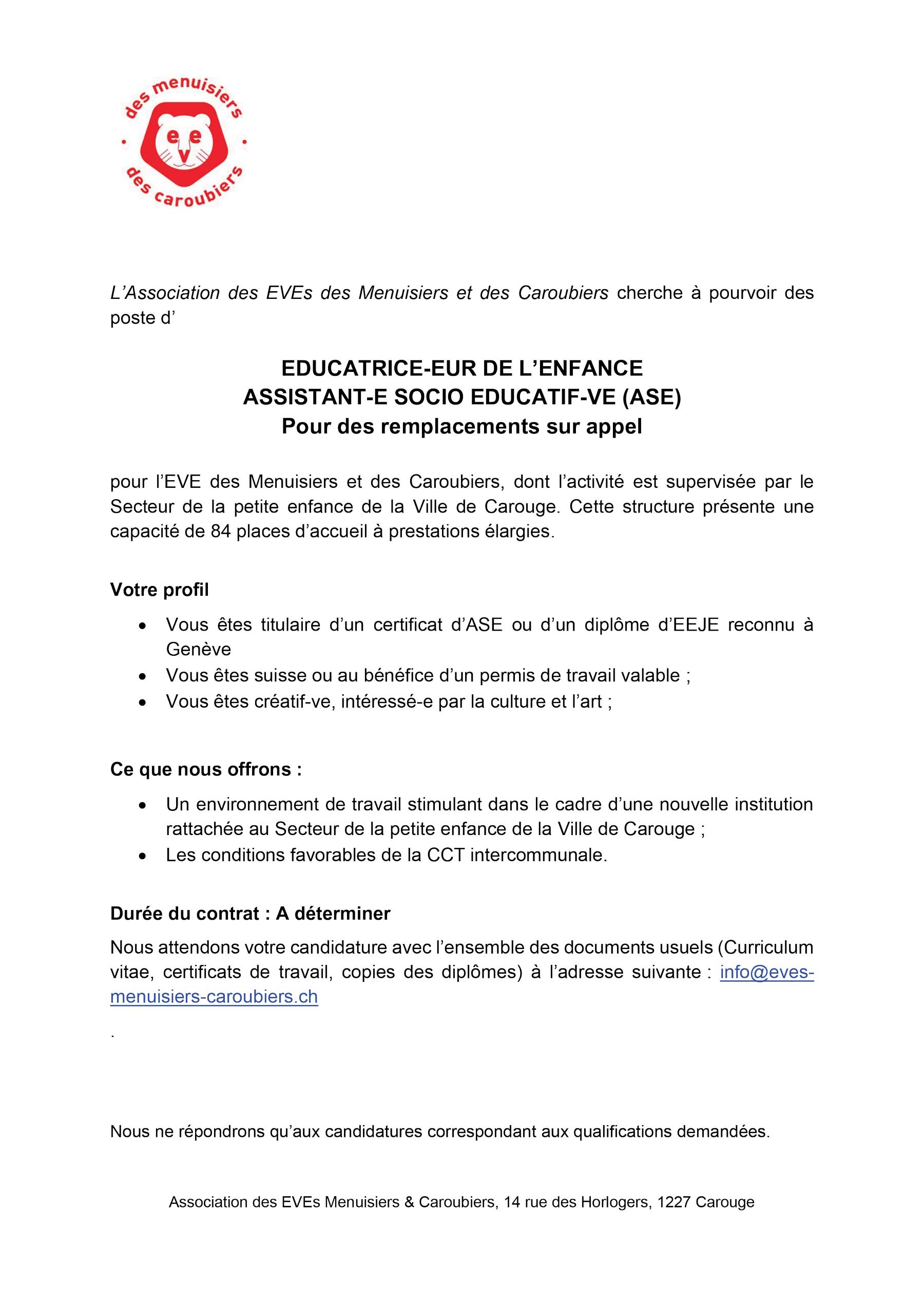EDUCATRICE-EUR DE L’ENFANCE ASSISTANT-E SOCIO EDUCATIF-VE (ASE) Pour des remplacements sur appel