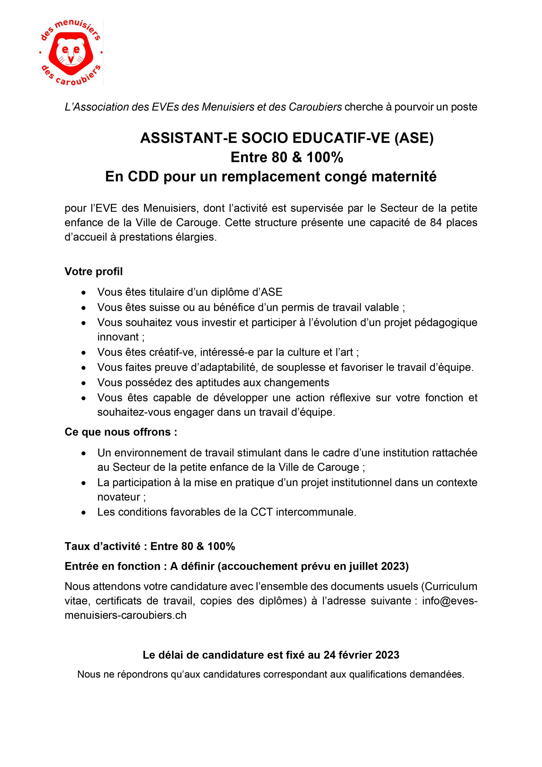 REMPLACEMENT ASSISTANT-E SOCIO EDUCATIF-VE (ASE)
